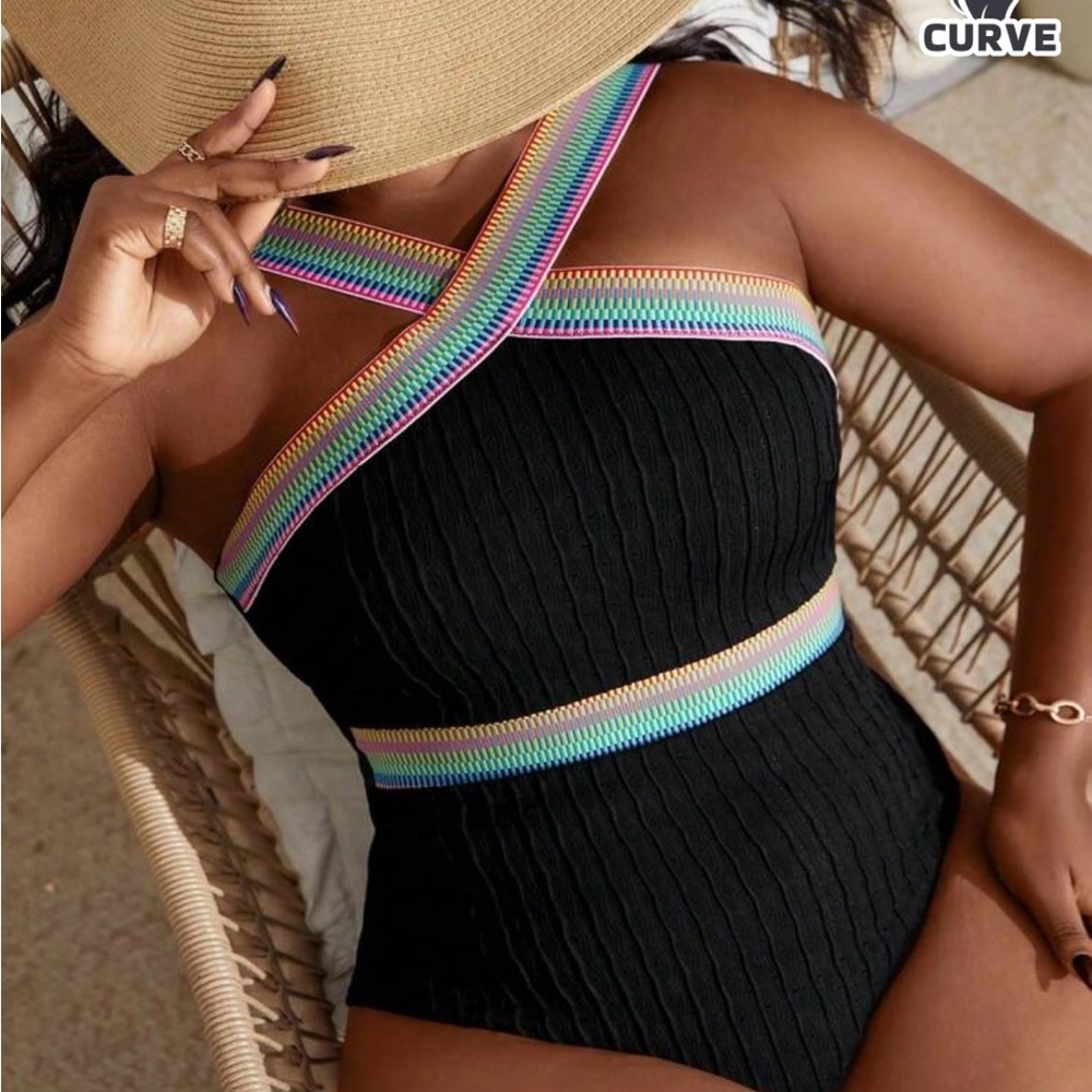 Black One Piece Swimsuit with Rainbow Trim